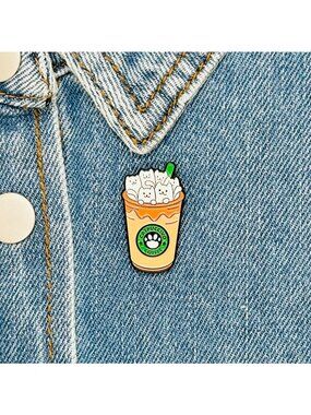 ⭐Frappuccino I Love Cats & Coffee Enamel Pin with Rubber Catpuccino Brooch New